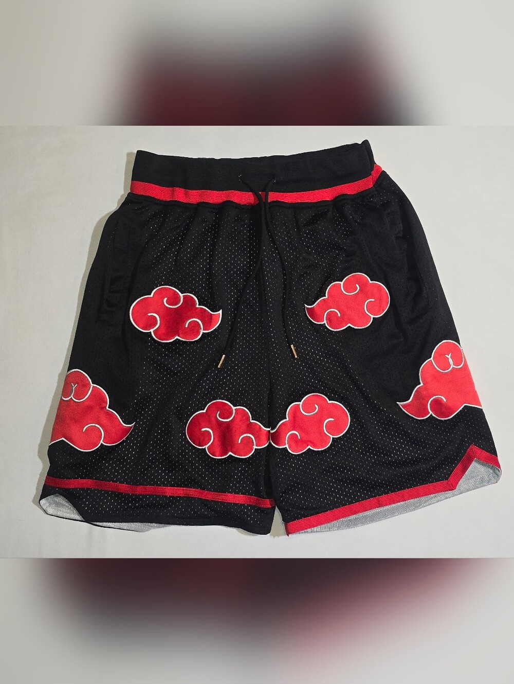 Naruto Akatsuki Red Cloud Embroidered Mesh Basketball Shorts Black Size Small